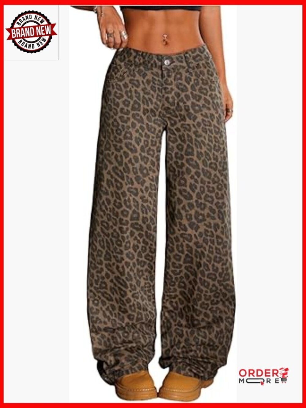 High Waisted Wide Leg Denim Jeans, Y2K Cheetah Print, Non-Stretch Fabric